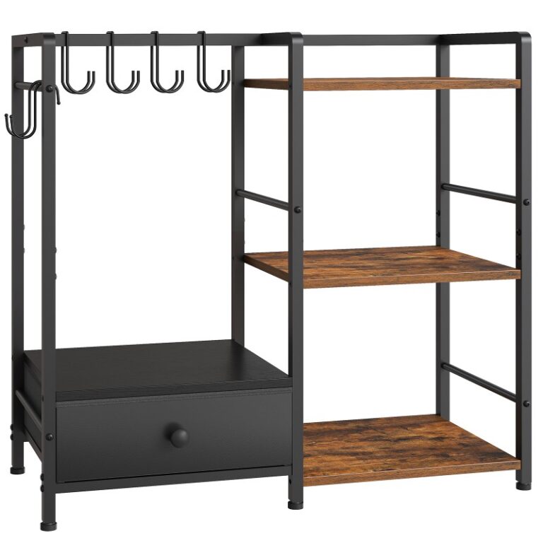 Organizzatore a 3 livelli marrone nero e rustico per l'armadio, Rastrelliera multifunzionale con 6 Ganci, Portabandiera per borsette in piedi con cassetto, per il guardaroba, Foyer, Camera da letto