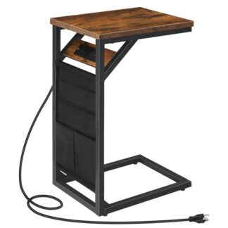 C-muotoinen päätypöytä latausasemalla, Sohvan sivupöytä säilytyspussilla, Välipala-sivupöytä pieniin tiloihin, Metallikehys, olohuoneeseen, Makuuhuone, Maalaismainen ruskea ja musta