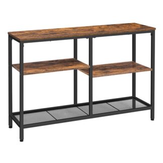 console table, 4-tier industrial bookshelf, narrow entryway table, sofa table, bookcase, storage shelf, entrance table, hallway, living room, bedroom, rustic brown