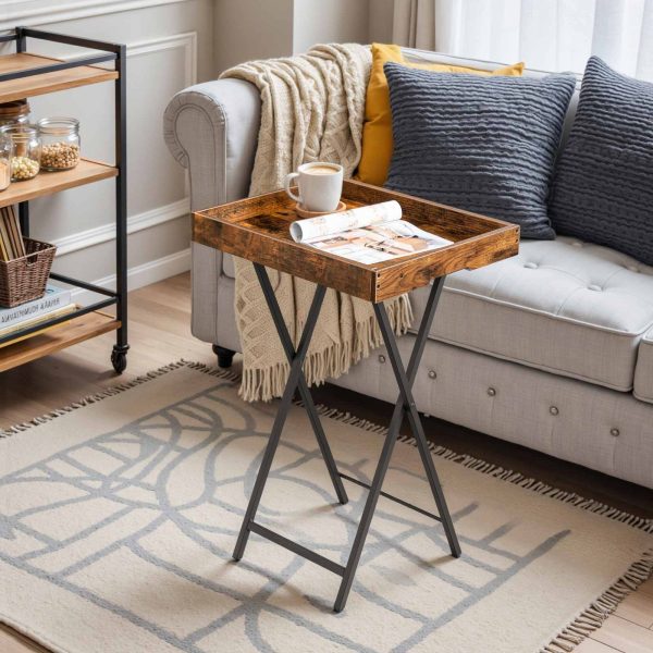 Sammenfoldelig tv-bakkebord med aftagelig serveringsbakke, Stabilt snackbord til små rum, Bærbart endebord til snacks, Måltider & Laptops i stuen, Rustik brun