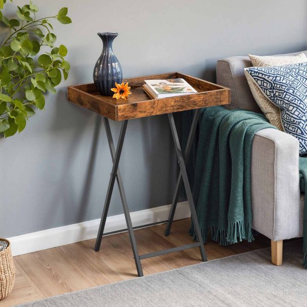 Sammenfoldelig tv-bakkebord med aftagelig serveringsbakke, Stabilt snackbord til små rum, Bærbart endebord til snacks, Måltider & Laptops i stuen, Rustik brun