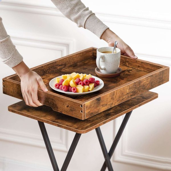 Sammenfoldelig tv-bakkebord med aftagelig serveringsbakke, Stabilt snackbord til små rum, Bærbart endebord til snacks, Måltider & Laptops i stuen, Rustik brun
