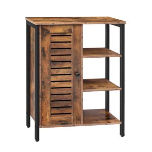 storage cabinet, 2 hidden adjustable shelves, 3 open shelves, floor standing cabinet, side cabinet, multifunctional in living room, hallway, kitchen, entryway, rustic brown
