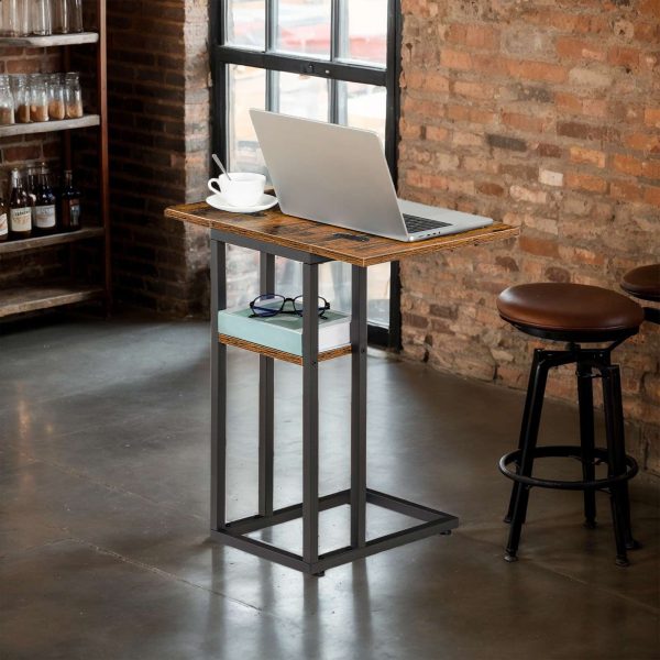 Foldable C-Shaped End Table with Storage Shelf, Rustic Brown Multifunctional Small Side Table for Living Room, Bedroom and Small Spaces, Easy Assembly