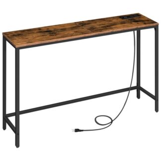 47.2" console table with power outlets and usb ports, sofa table, narrow entryway table with charging station, behind couch table, hallway, foyer, living room, bedroom, rustic brown