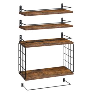 4+1 tier floating shelves, bathroom shelves over toilet with wire storage basket, wall mounted floating shelf for wall decor, wall shelf for bathroom living room kitchen rustic brown