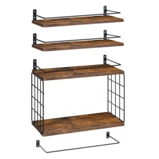 4+1 أرفف عائمة الطبقة, أرفف الحمام فوق المرحاض مع سلة تخزين الأسلاك, رف عائم مثبت على الحائط لديكور الجدار, رف الجدار لحمام غرفة المعيشة مطبخ ريفي بني