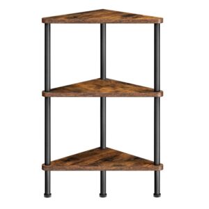 corner shelf, industrial 3-tier wall corner bookshelf with metal frame, corner shelf stand display plant flower, corner bookcase for small spaces, living room, rustic brown and black