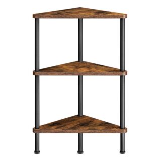 kulmahylly, Teollisuus 3-tason seinän kulma-kirjahylly metallikehyksellä, kulmahyllytelineen näyttökasvin kukka, kulmakirjahylly pienille tiloille, olohuone, maalaismainen ruskea ja musta