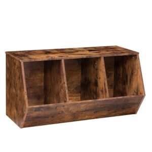 toy storage cubby, kids bookshelf, stackable 3-bin toy storage cabinet, bookcase footboard, children's toy shelf, suitable for children's room, playroom, hallway, rustic brown