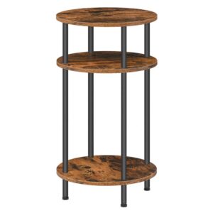 Round Side Table, Tall End Telephone Table, Industrial Nightstand, Sofa Couch Table with 3 Storage Shelves for Living Room, Bedroom, Hallway, Easy Assembly, Rustic Brown