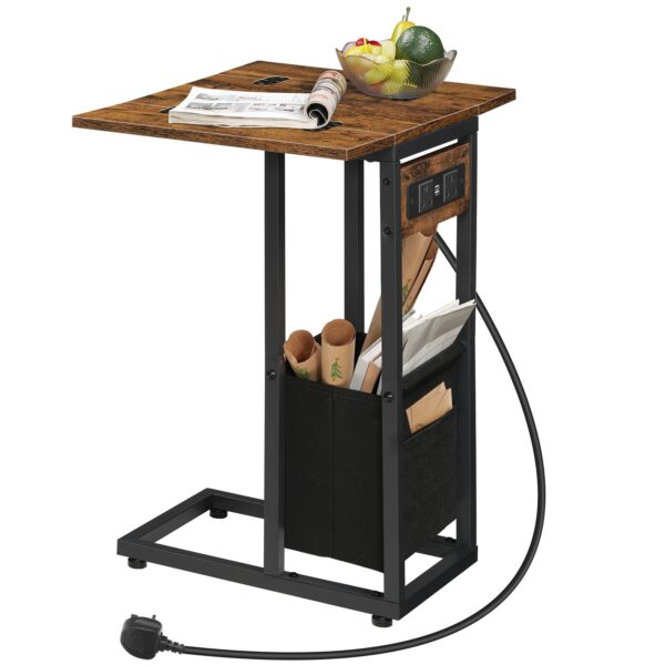 C σε σχήμα πλαϊνό τραπέζι, καναπέ πλαϊνό τραπέζι με σταθμό φόρτισης, πτυσσόμενο τραπέζι φορητού υπολογιστή για καναπέ, 2 θύρες USB και 2 εναλλαγή, κομοδίνο με τσάντα υφάσματος, ρουστίκ καφέ και μαύρο