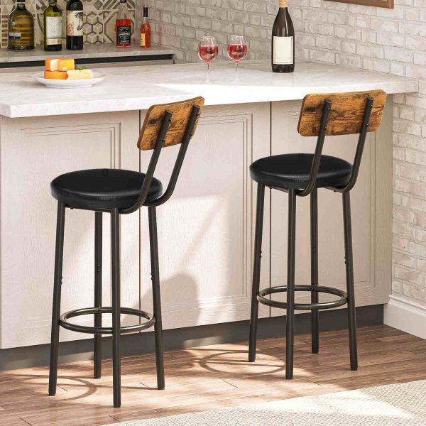 Zestaw 2 26-Calowe stołki barowe, Krzesła nablatowe tapicerowane PU z oparciem & Podnóżek, Siedziska w stylu industrialnym do wyspy kuchennej & Jadalnia, Łatwy montaż, Rustykalny brąz & Czarne wykończenie