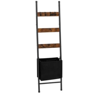 blanket ladder with basket, 17.3l x 63.4h, towel rack with hooks, blanket holder rack, decorative ladder shelf, drying and display rack for bathroom, living room, rustic brown