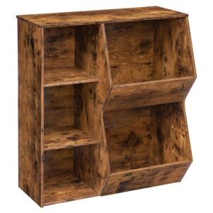 kids bookshelf, toy storage organizer, multi-bin storage cubby, 2 adjustable shelves, bookcase footboard, suitable for children's room, playroom, hallway, rustic brown