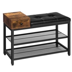 Shoe Rack, Shoe Storage, Shoe Bench with Seat and Drawer, 2 Mesh Shelves, Black Imitation Leather, Easy Assembly, Comfortable, Entryway, Hallway, Living Room, Bedroom