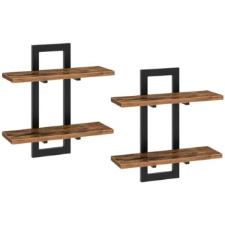 Floating Shelves, 15 Inch Wall Shelf Set of 2, Wall Mounted Storage Shelves 2-Tier, Hanging Bathroom Shelves, for Living Room, Bedroom, Bathroom, Kitchen, Rustic Brown and Black