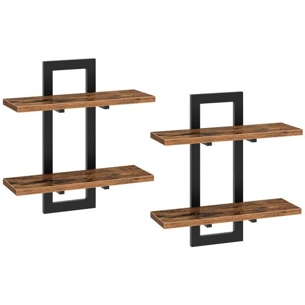 Floating Shelves Set of 2, 38.1cm Wall-Mounted 2-Tier Storage Shelves, Suitable for Living Room, Bedroom, Bathroom and Kitchen, Rustic Brown & Black
