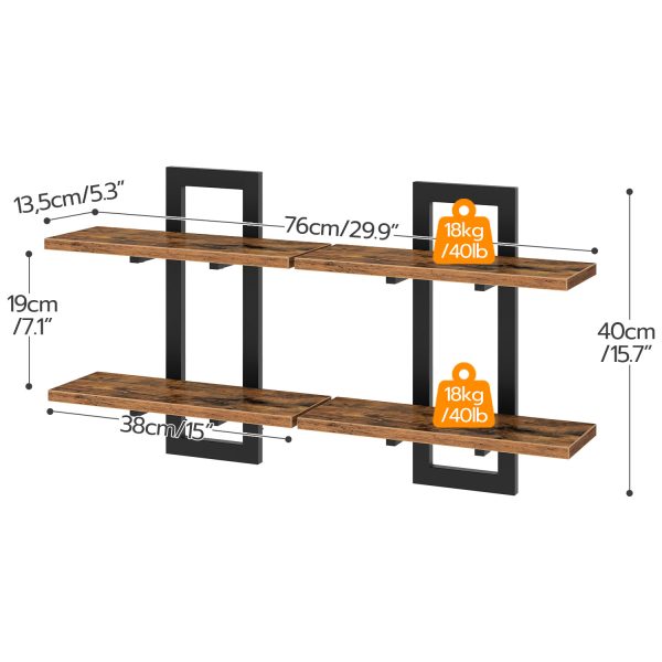 Floating Shelves Set of 2, 38.1cm Wall-Mounted 2-Tier Storage Shelves, Suitable for Living Room, Bedroom, Bathroom and Kitchen, Rustic Brown & Black