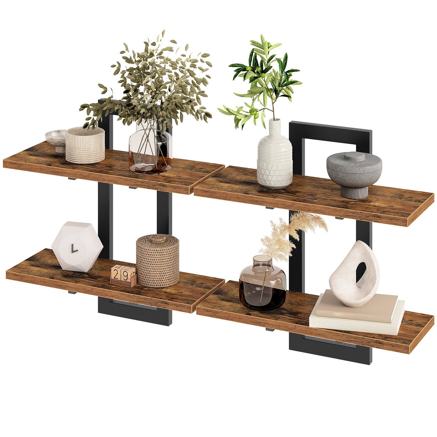 مجموعة رفوف عائمة 2, 38.1أرفف تخزين من طبقتين مثبتة على الحائط سم, مناسبة لغرفة المعيشة, غرفة نوم, الحمام والمطبخ, ريفي براون & أسود