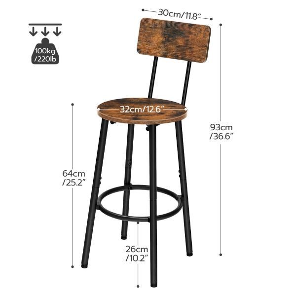 Set of 2 Counter Height Bar Stools, 25.2-Inch Round Upholstered Bar Chairs with Backrest, Industrial-Style Seating for Kitchen Island & Dining Room, Easy Assembly, Rustic Brown & Black Finish