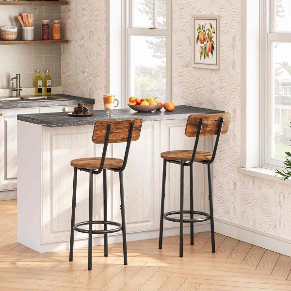 Set of 2 Counter Height Bar Stools, 25.2-Inch Round Upholstered Bar Chairs with Backrest, Industrial-Style Seating for Kitchen Island & Dining Room, Easy Assembly, Rustic Brown & Black Finish