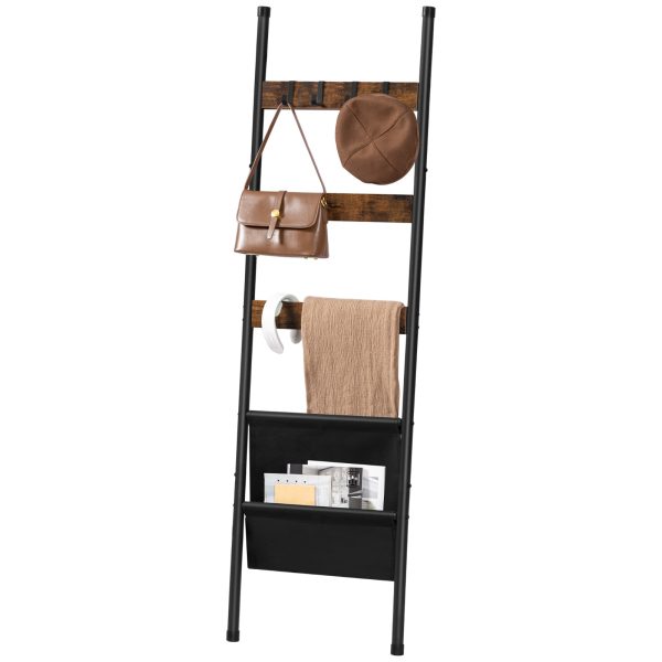 5-Tier Wall-Leaning Blanket Ladder Towel Rack, Decorative Storage Rack with 4 Hooks and Pocket, Drying & Display Rack for Bathroom, Rustic Brown