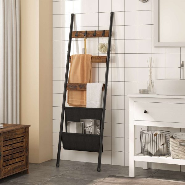 5-Tier Wall-Leaning Blanket Ladder Towel Rack, Decorative Storage Rack with 4 Hooks and Pocket, Drying & Display Rack for Bathroom, Rustic Brown