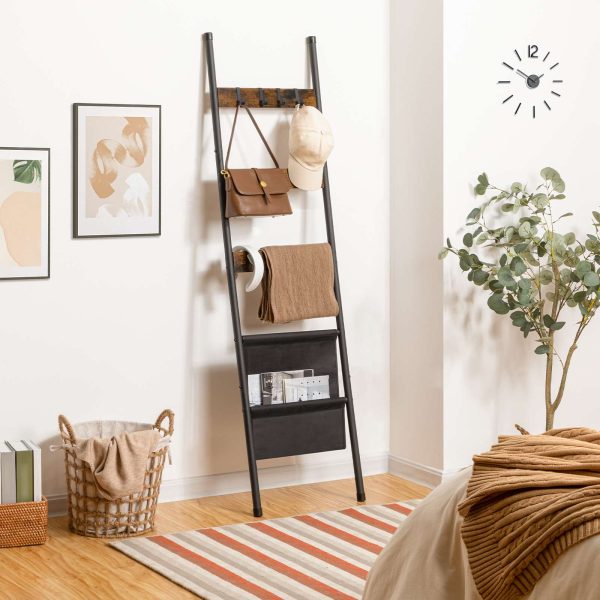 5-Tier Wall-Leaning Blanket Ladder Towel Rack, Decorative Storage Rack with 4 Hooks and Pocket, Drying & Display Rack for Bathroom, Rustic Brown