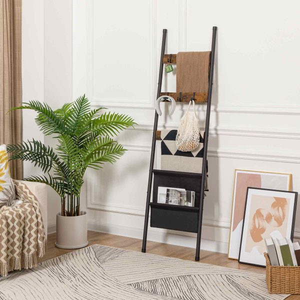 5-Tier Wall-Leaning Blanket Ladder Towel Rack, Decorative Storage Rack with 4 Hooks and Pocket, Drying & Display Rack for Bathroom, Rustic Brown