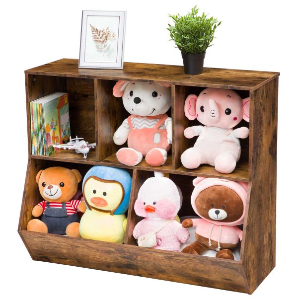 Rustic Brown Children's Storage Bookshelf, Footboard Bookcase with Toy Storage Cubbies, Multifunctional Toy Shelf and Storage Cabinet, Suitable for Children's Room, Playroom, Hallway, Kindergarten and School
