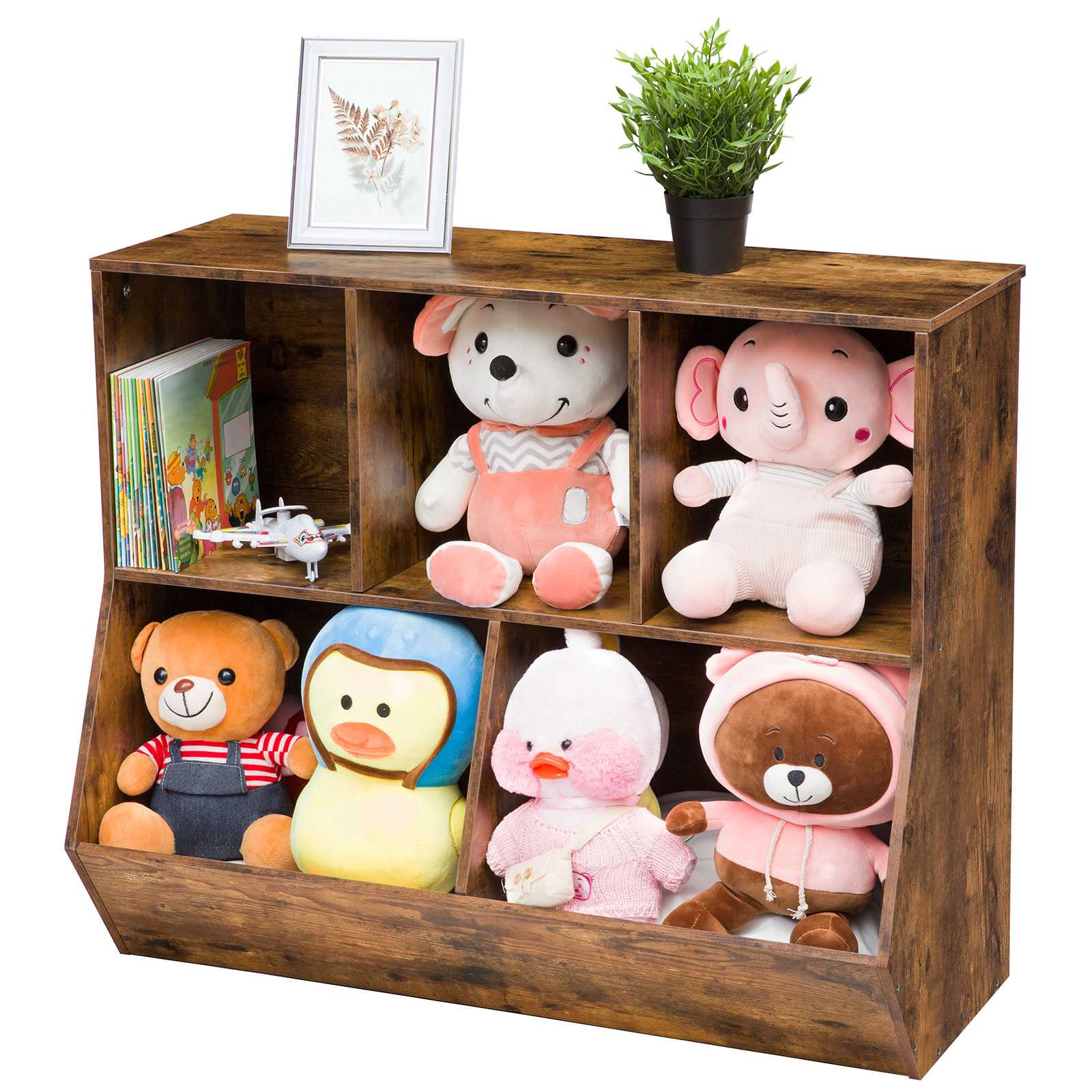 Rustic Brown Children's Storage Bookshelf, Footboard Bookcase with Toy Storage Cubbies, Multifunctional Toy Shelf and Storage Cabinet, Suitable for Children's Room, غرفة اللعب, المدخل, Kindergarten and School