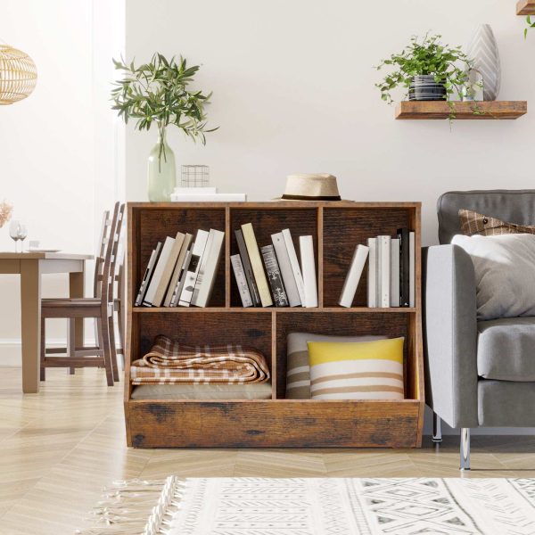 Rustic Brown Children's Storage Bookshelf, Footboard Bookcase with Toy Storage Cubbies, Multifunctional Toy Shelf and Storage Cabinet, Suitable for Children's Room, Playroom, Hallway, Kindergarten and School