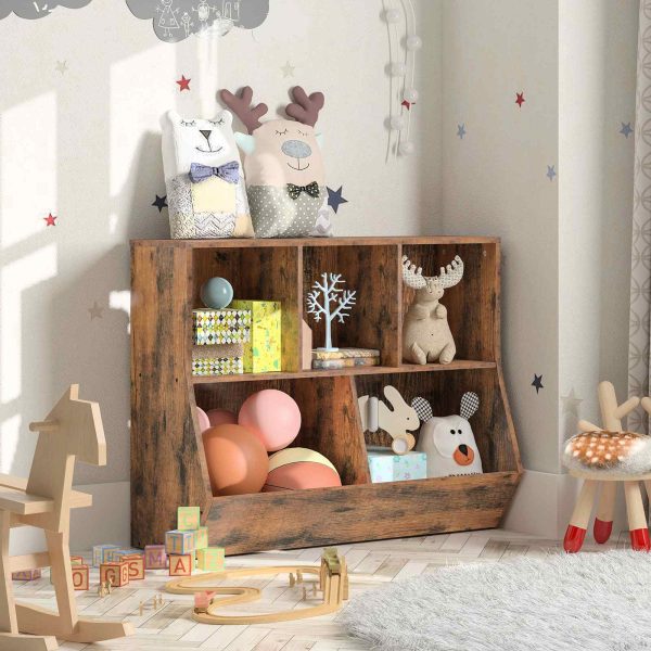 Rustic Brown Children's Storage Bookshelf, Footboard Bookcase with Toy Storage Cubbies, Multifunctional Toy Shelf and Storage Cabinet, Suitable for Children's Room, Playroom, Hallway, Kindergarten and School