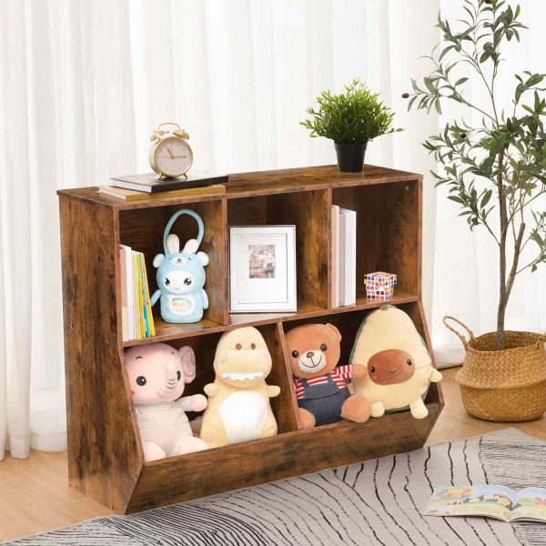 Rustic Brown Children's Storage Bookshelf, Footboard Bookcase with Toy Storage Cubbies, Multifunctional Toy Shelf and Storage Cabinet, Suitable for Children's Room, Playroom, Hallway, Kindergarten and School