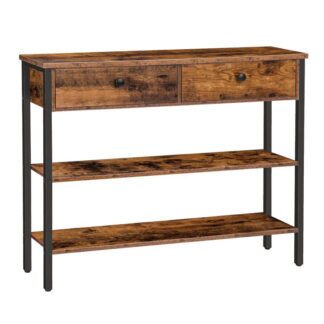 konsolitaulukko, käytäväpöytä 2 laatikot ja 2 hyllyt, sohvapöytä tukevalla metallikehyksellä, sisäänkäynnille, käytävällä, olohuone, vintage ruskea/musta