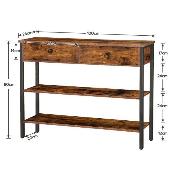 Marrone vintage & Consolle nera con 2 Cassetti e 2 Scaffali, Tavolino da divano robusto con struttura in metallo, Adatto per Ingresso, Corridoio e soggiorno