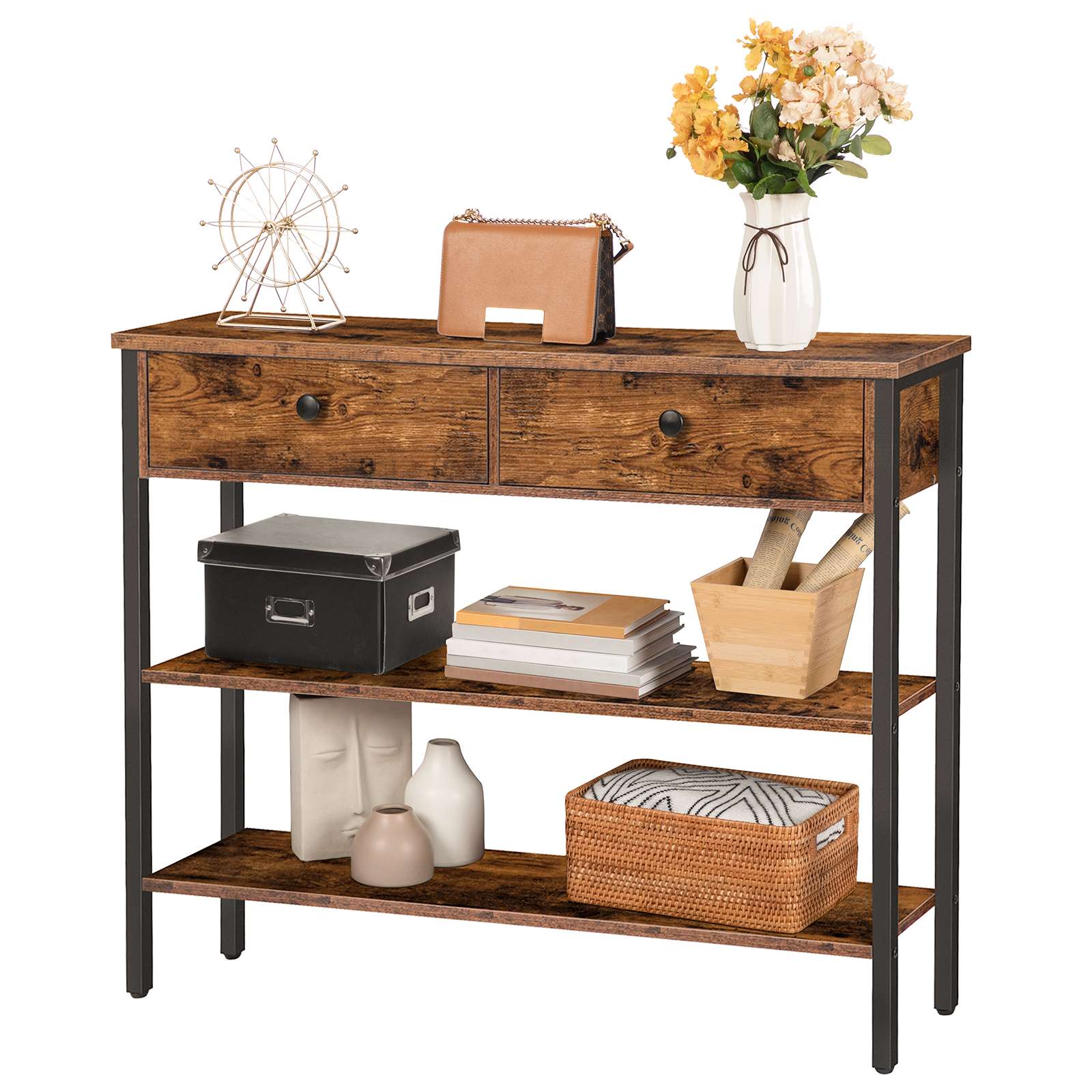 Vintage Brown & Black Console Table with 2 Drawers and 2 Shelves, Sturdy Metal Frame Sofa Table, Suitable for Entrance, Hallway and Living Room