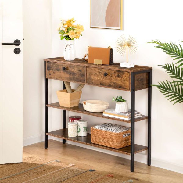 Marrone vintage & Consolle nera con 2 Cassetti e 2 Scaffali, Tavolino da divano robusto con struttura in metallo, Adatto per Ingresso, Corridoio e soggiorno