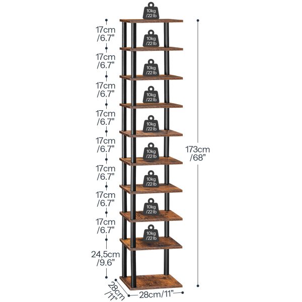 10-Layer Corner Shoe Rack, Dark Brown-Black Narrow Multifunctional Shoe Cabinet, Space-Saving Storage Organizer for Hallway & Bedroom