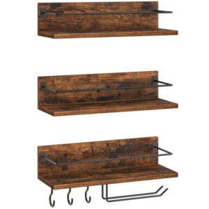 wall mounted wine rack 3 pack, wine shelf hanging floating wall shelves, wine glass bottle rack stemware holder, for living room, dining room, kitchen, rustic brown and black
