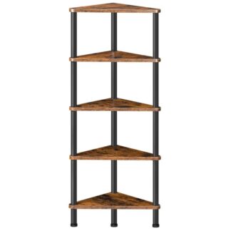 Kulmahylly metallikehyksellä, Teollisuus 5-tason seinän kulma-kirjahyllytelineen näyttökasvien kukka, kirjahylly pienille tiloille, makuuhuone, olohuone, maalaismainen ruskea