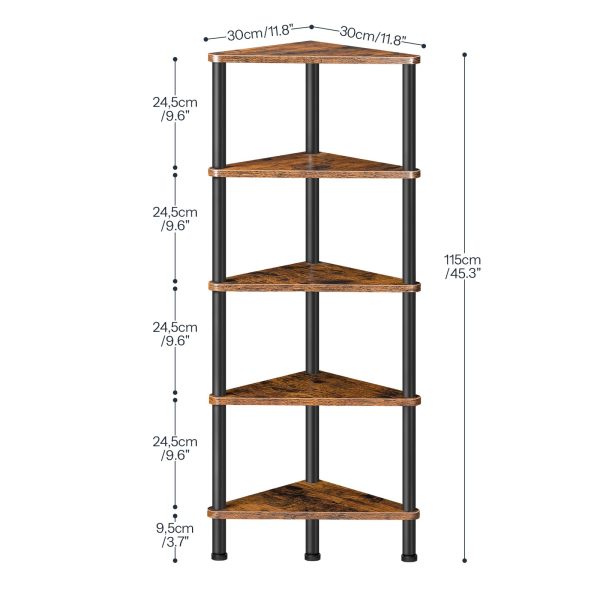 رف حائط صناعي مكون من 5 طبقات بإطار معدني, رف عرض خزانة الكتب موفر للمساحة للكتب, النباتات والزهور, مناسبة للمساحات الصغيرة, غرفة النوم وغرفة المعيشة, ريفي براون