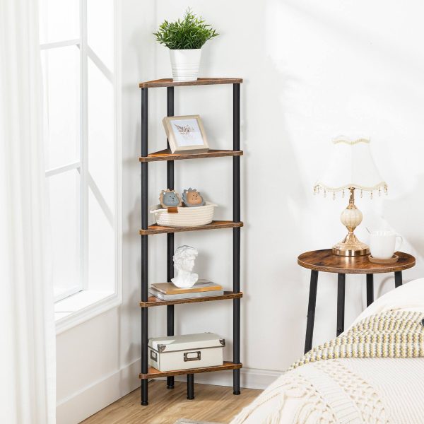رف حائط صناعي مكون من 5 طبقات بإطار معدني, رف عرض خزانة الكتب موفر للمساحة للكتب, النباتات والزهور, مناسبة للمساحات الصغيرة, غرفة النوم وغرفة المعيشة, ريفي براون