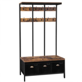 coat rack shoe bench, large hall tree with 3 storage drawers, top storage shelf and 12 hooks, industrial entryway bench, 4-in-1 design, in hallway, living room, metal frame,