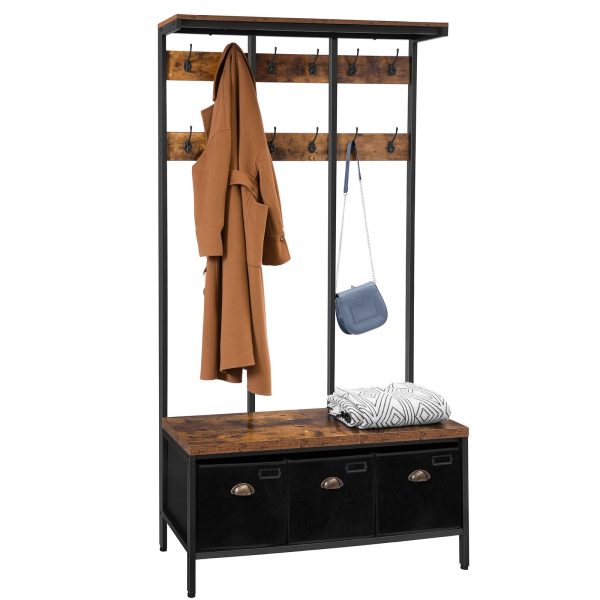 Banc à chaussures porte-manteau, Grand arbre d'entrée avec 3 Tiroirs de rangement, Étagère de rangement supérieure et 12 Crochets, Banc d'entrée industriel avec design 4-en-1, Armature en métal, Convient pour le couloir et le salon