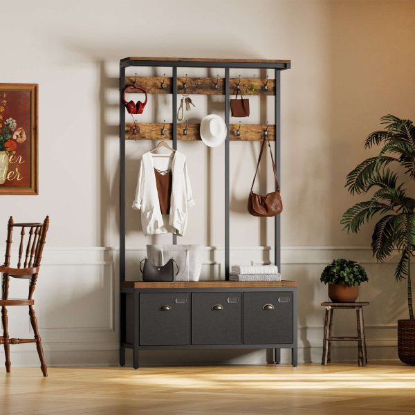 Banc à chaussures porte-manteau, Grand arbre d'entrée avec 3 Tiroirs de rangement, Étagère de rangement supérieure et 12 Crochets, Banc d'entrée industriel avec design 4-en-1, Armature en métal, Convient pour le couloir et le salon