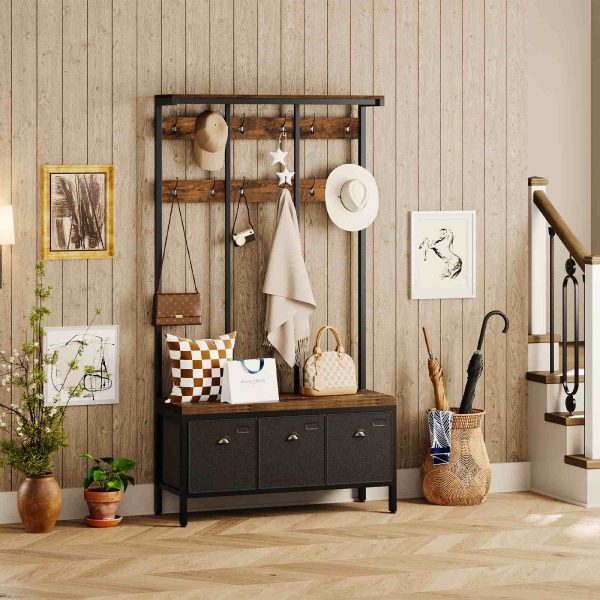Banc à chaussures porte-manteau, Grand arbre d'entrée avec 3 Tiroirs de rangement, Étagère de rangement supérieure et 12 Crochets, Banc d'entrée industriel avec design 4-en-1, Armature en métal, Convient pour le couloir et le salon