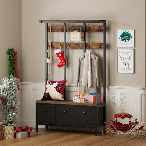 Banc à chaussures porte-manteau, Grand arbre d'entrée avec 3 Tiroirs de rangement, Étagère de rangement supérieure et 12 Crochets, Banc d'entrée industriel avec design 4-en-1, Armature en métal, Convient pour le couloir et le salon