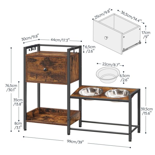 Adjustable Elevated Pet Feeding Station, 2 Stainless Steel Bowls with Tilted Stand, Storage Drawer & Hooks, Suitable for Dogs and Cats of All Sizes